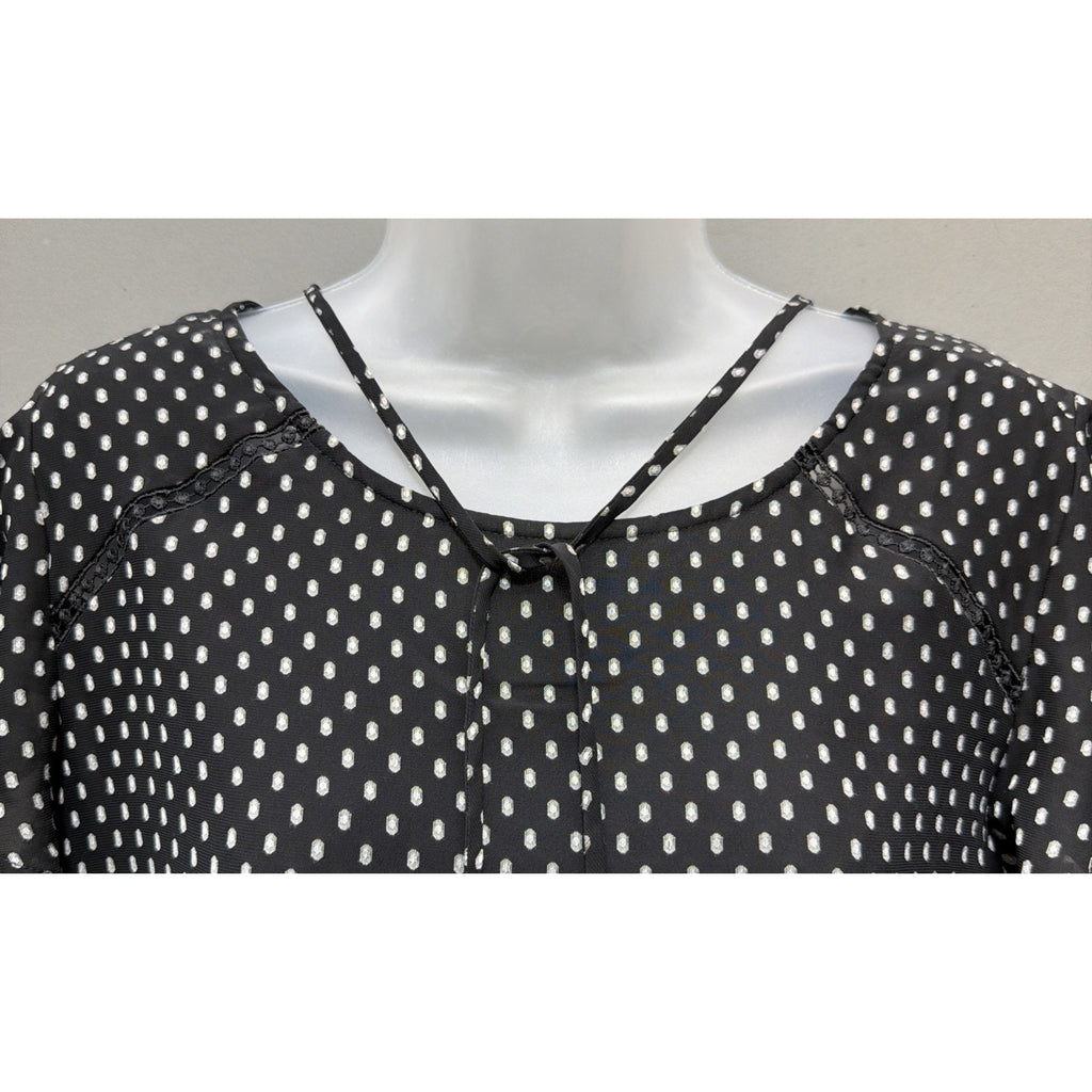 Loft Women Size M Black All Over Print Lined Short Sleeve V Neck Blouse