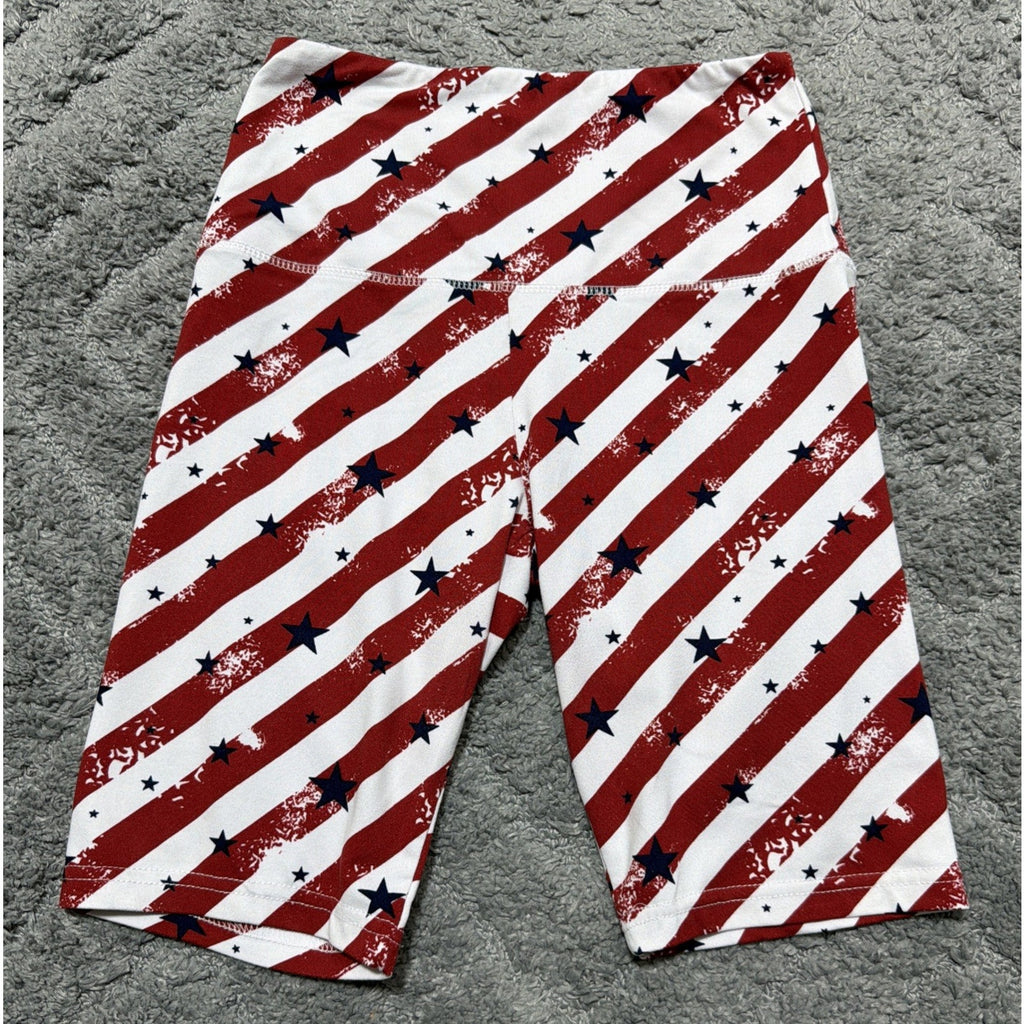 Shosho Women's Patriotic Activewear Biker Shorts Pockets High Rise Size Small
