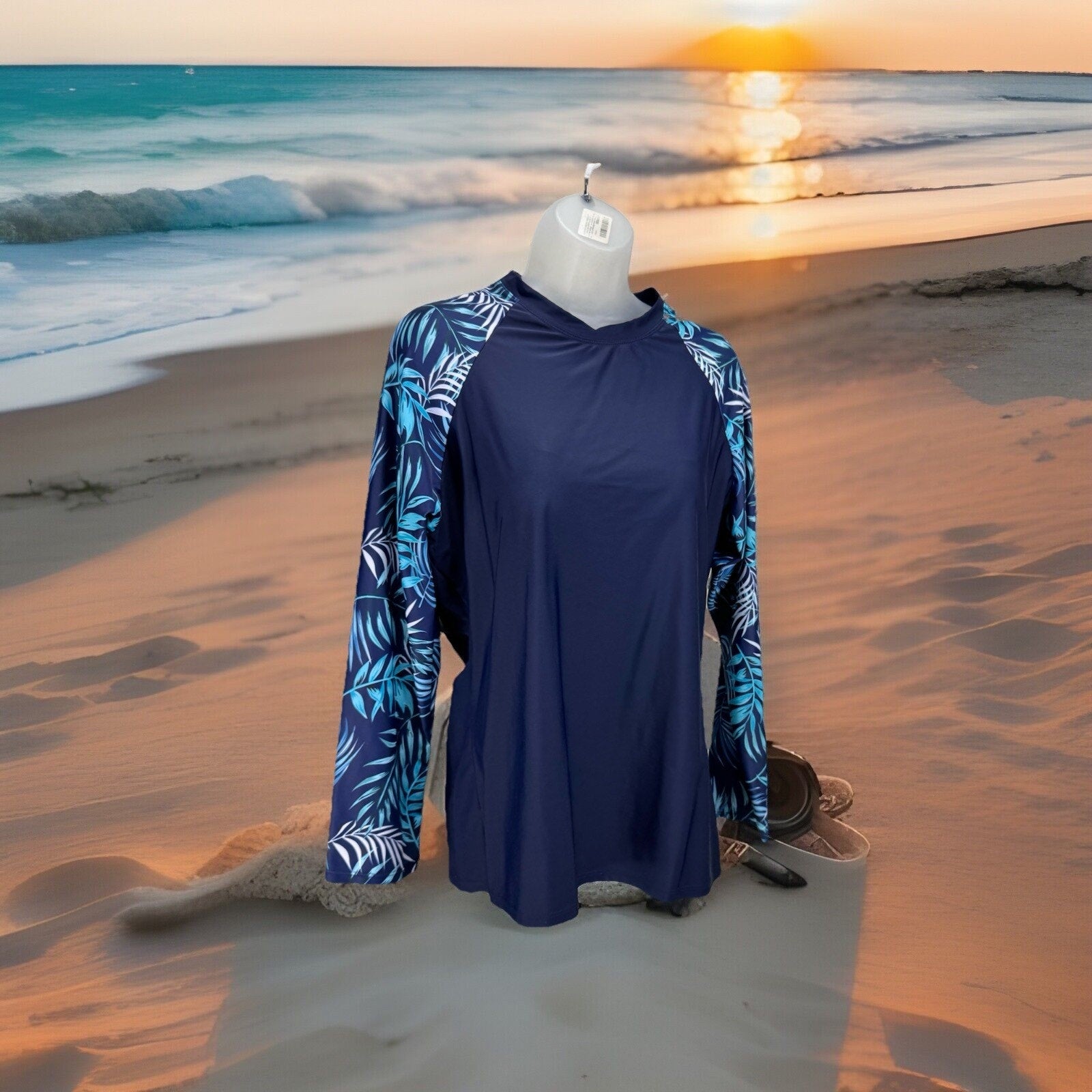 Jasambac Women's 2XL Long Sleeve Floral Tropical Full Zip Swim Top Navy Blue