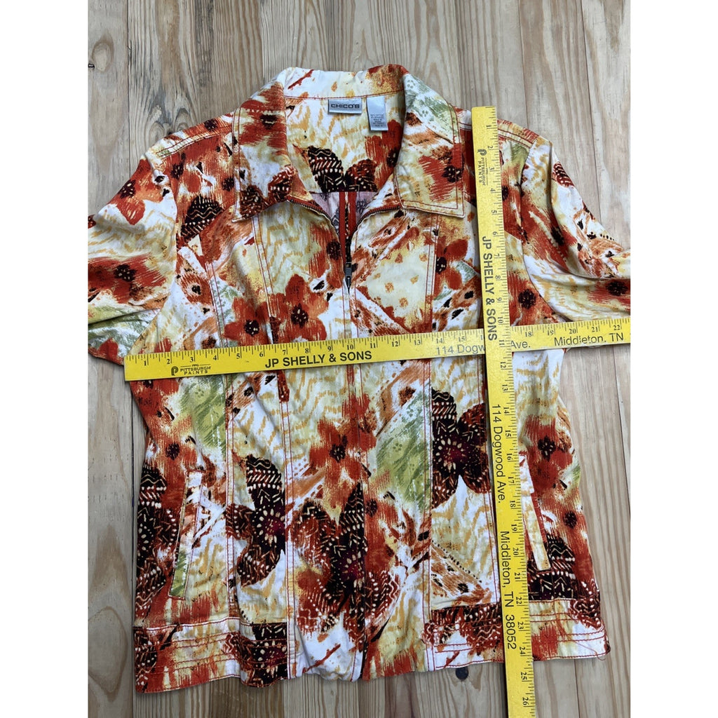 Chicos Jacket Size 3 Womens Size XL Long Sleeve Yellow Orange Zip Cotton Stretch
