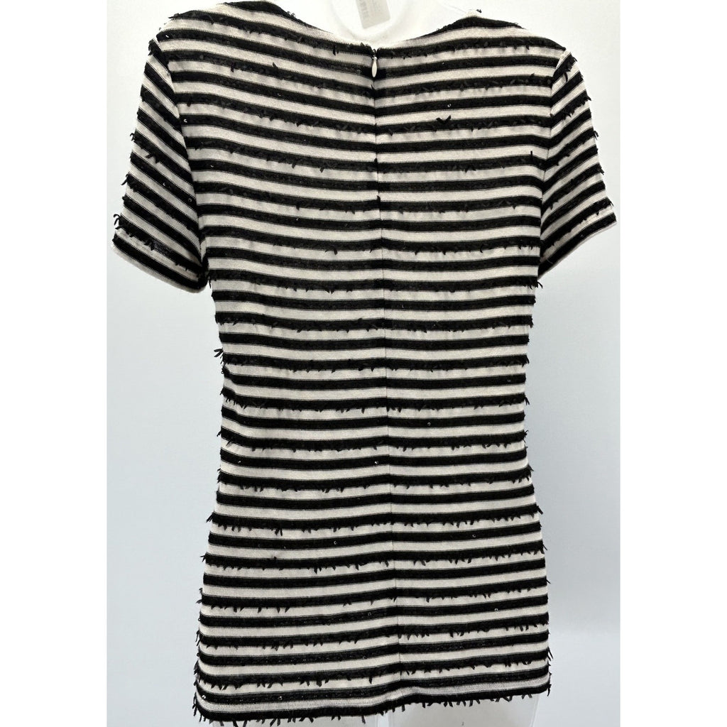 Talbots Womens Black White Striped Shirt Sz Small Short Sleeve Sequins .