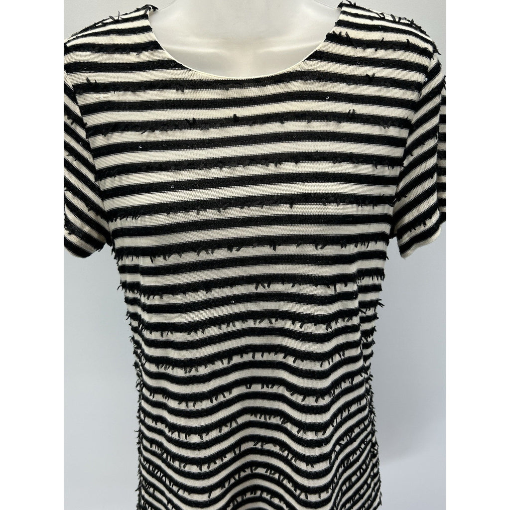 Talbots Womens Black White Striped Shirt Sz Small Short Sleeve Sequins .