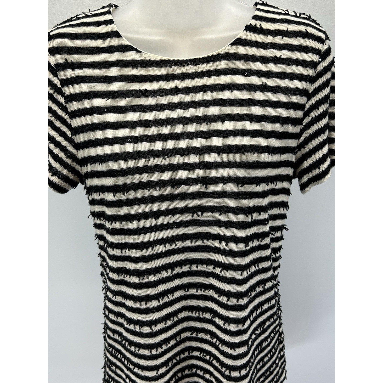 Talbots Womens Black White Striped Shirt Sz Small Short Sleeve Sequins .