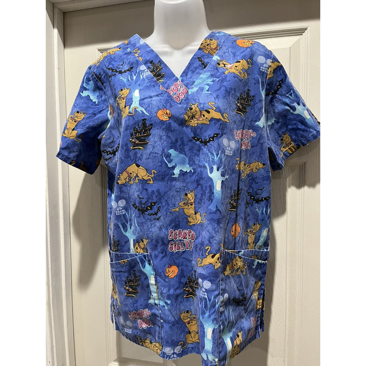 Scooby Doo Women's Size Small Scrub Top Blue Halloween Cotton VTG