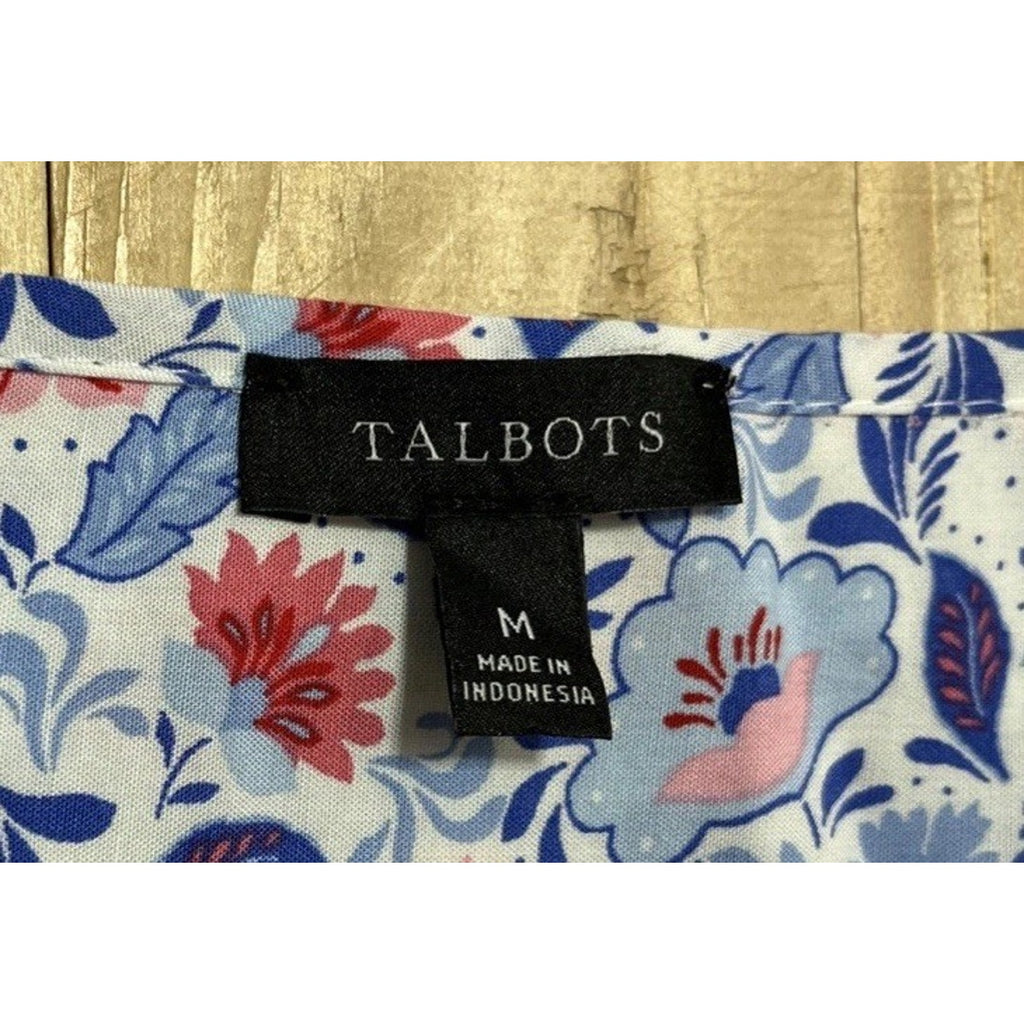 TALBOTS Top Size M Blue Pink Floral Boho Rayon Popover Long Sleeve Womens Light