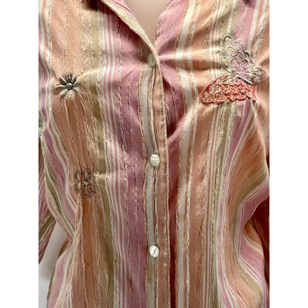 Alia Blouse Size 16W Pink Stripes Embroidered Butterflies/ Flowers 3/4 Sleeves.