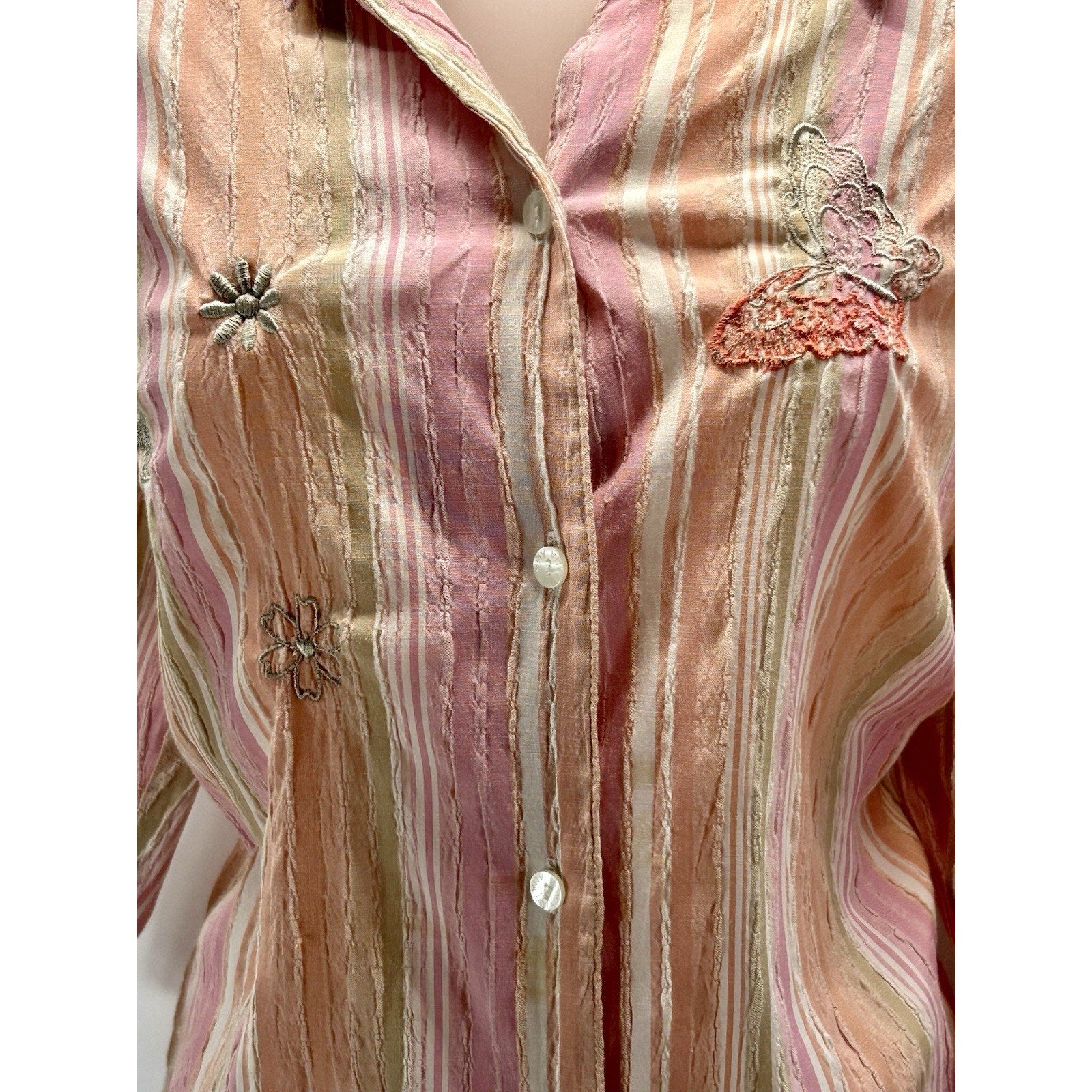 Alia Blouse Size 16W Pink Stripes Embroidered Butterflies/ Flowers 3/4 Sleeves.