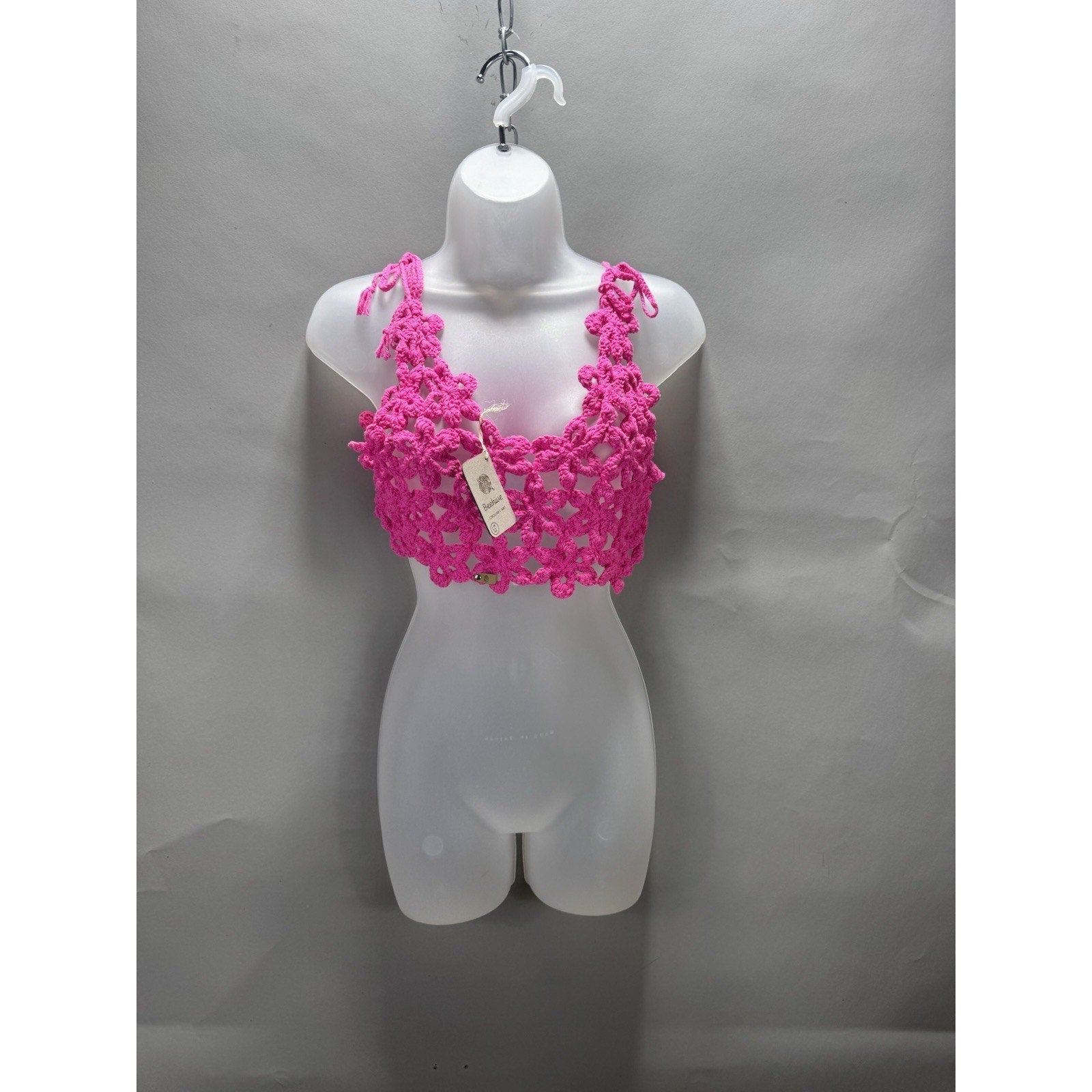 Beehive Crochet Art Pink Floral Bralette Top Size S Boho Festival Beach Cover Up