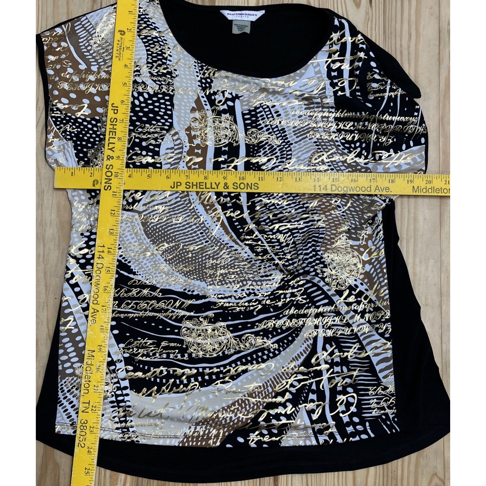 ALLISON DALEY Womens Size Petite Small Black Gold Script Shiny Dressy Top
