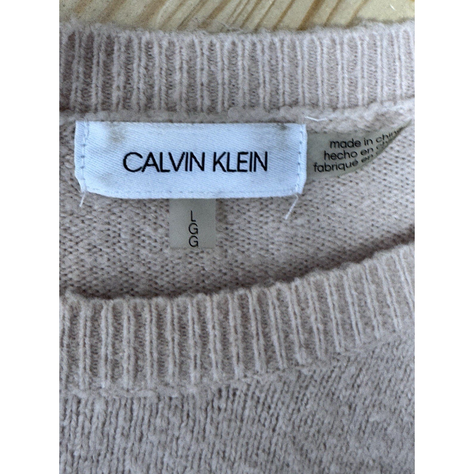 Calvin Klein Sweater Pullover Beige Knit Long Sleeve Round Neck Women’s Large