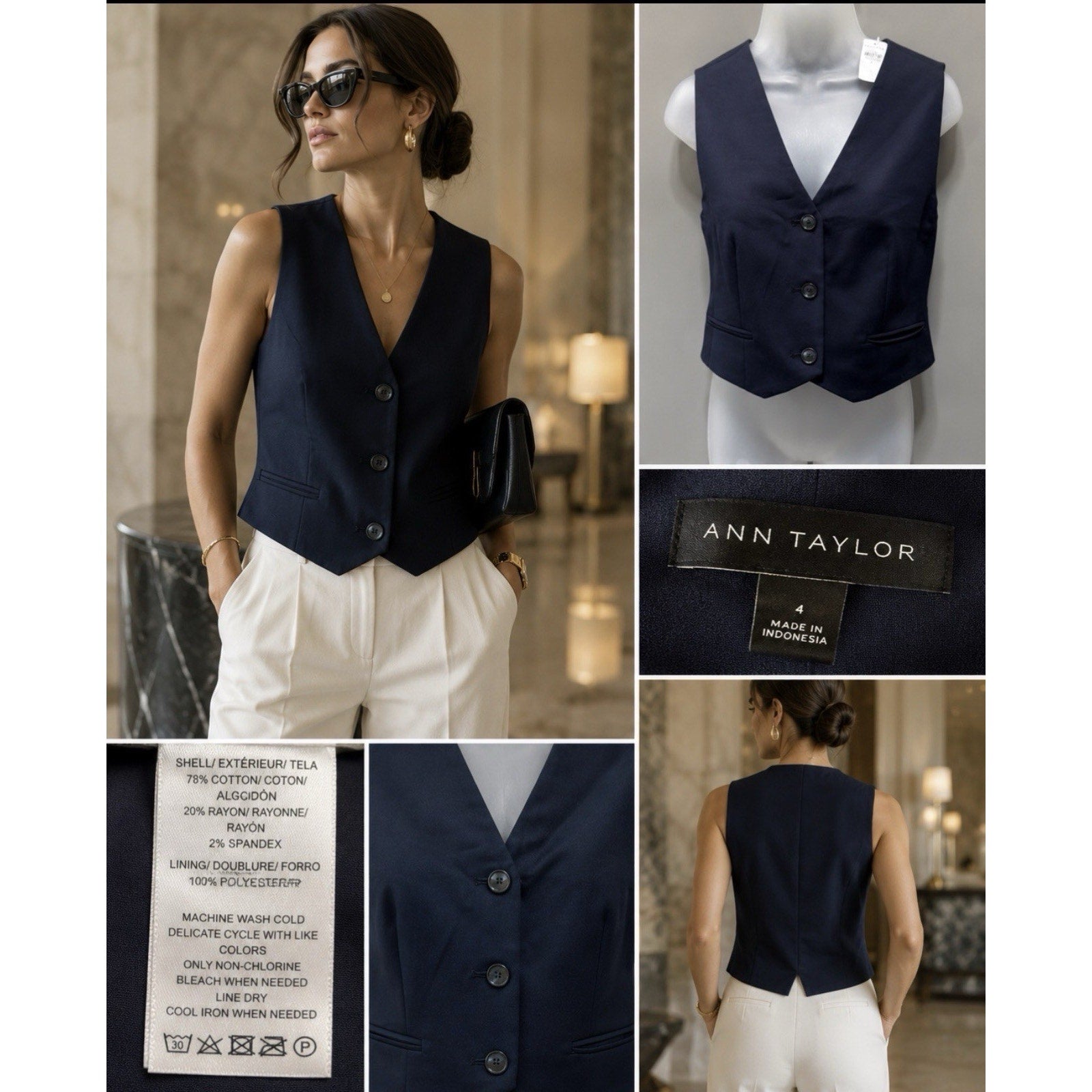 New Ann Taylor Loft Womens 4 Crop Vest Lined V Neck Pockets Stretch Navy Blue