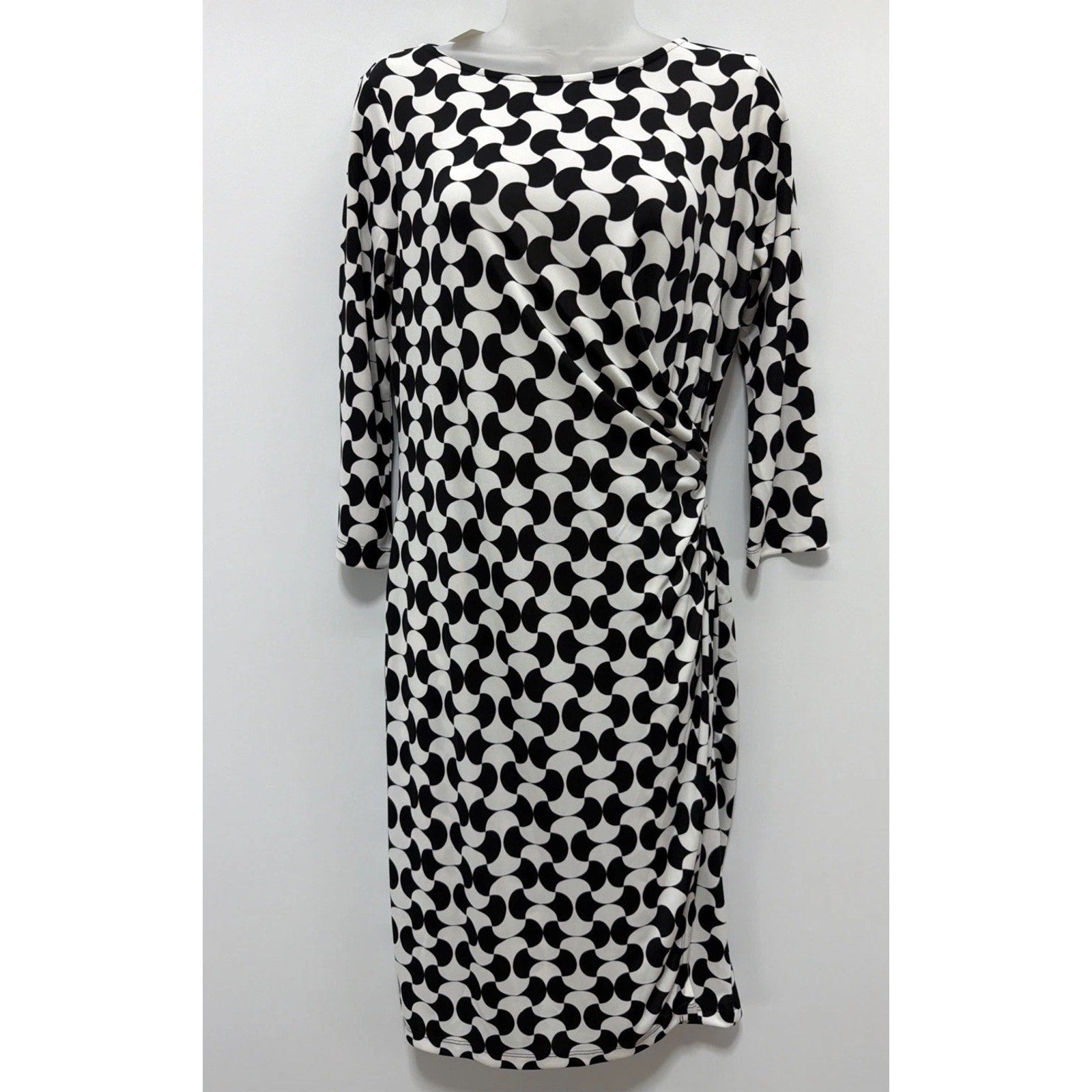Talbots Dress Womens Petite M Black White Jersey Stretch Faux Wrap Career Casual