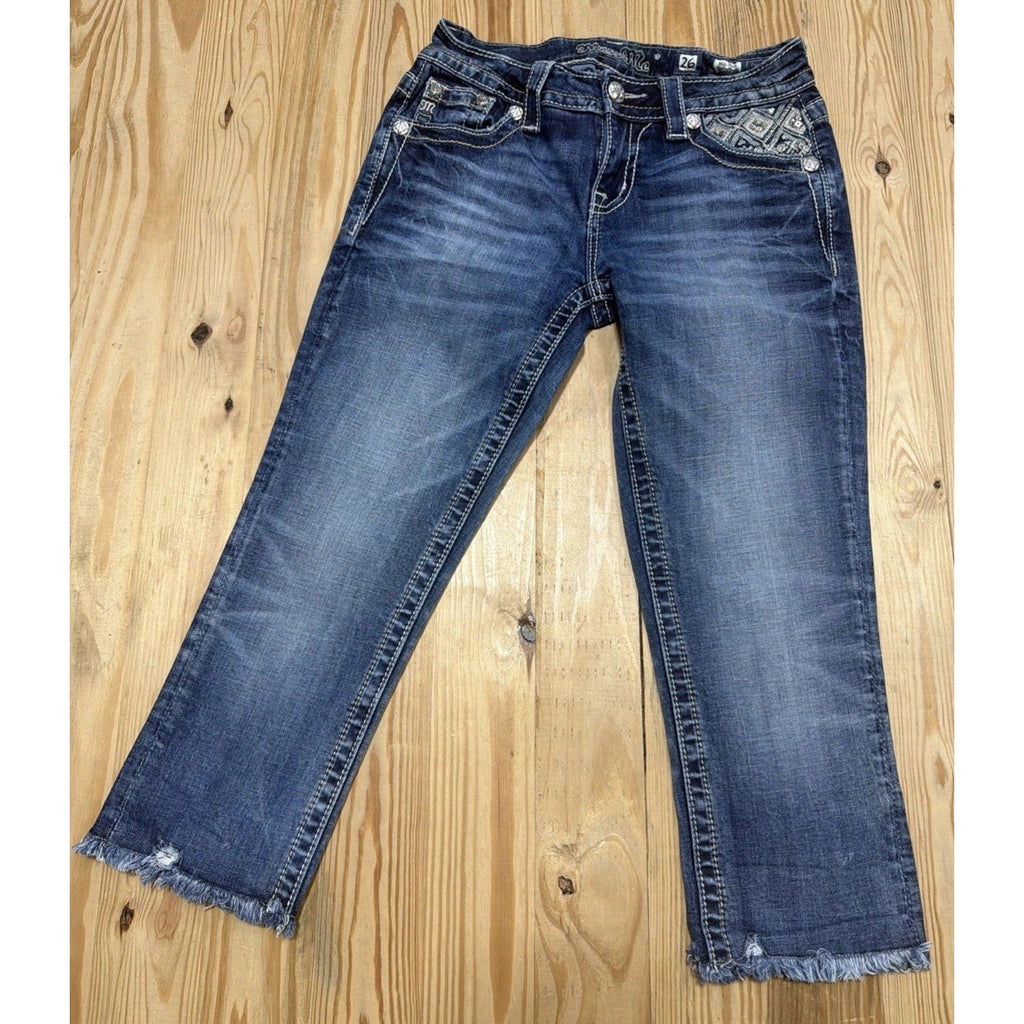 Miss Me Jeans Women's 26 Raw Hem Capri Mid-Rise Blue Stretch Denim