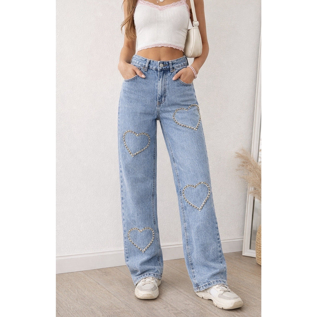 CIDER Jeans XS Blue Wide Leg Rhinestone Heart Studded Denim Y2K Trend NWT