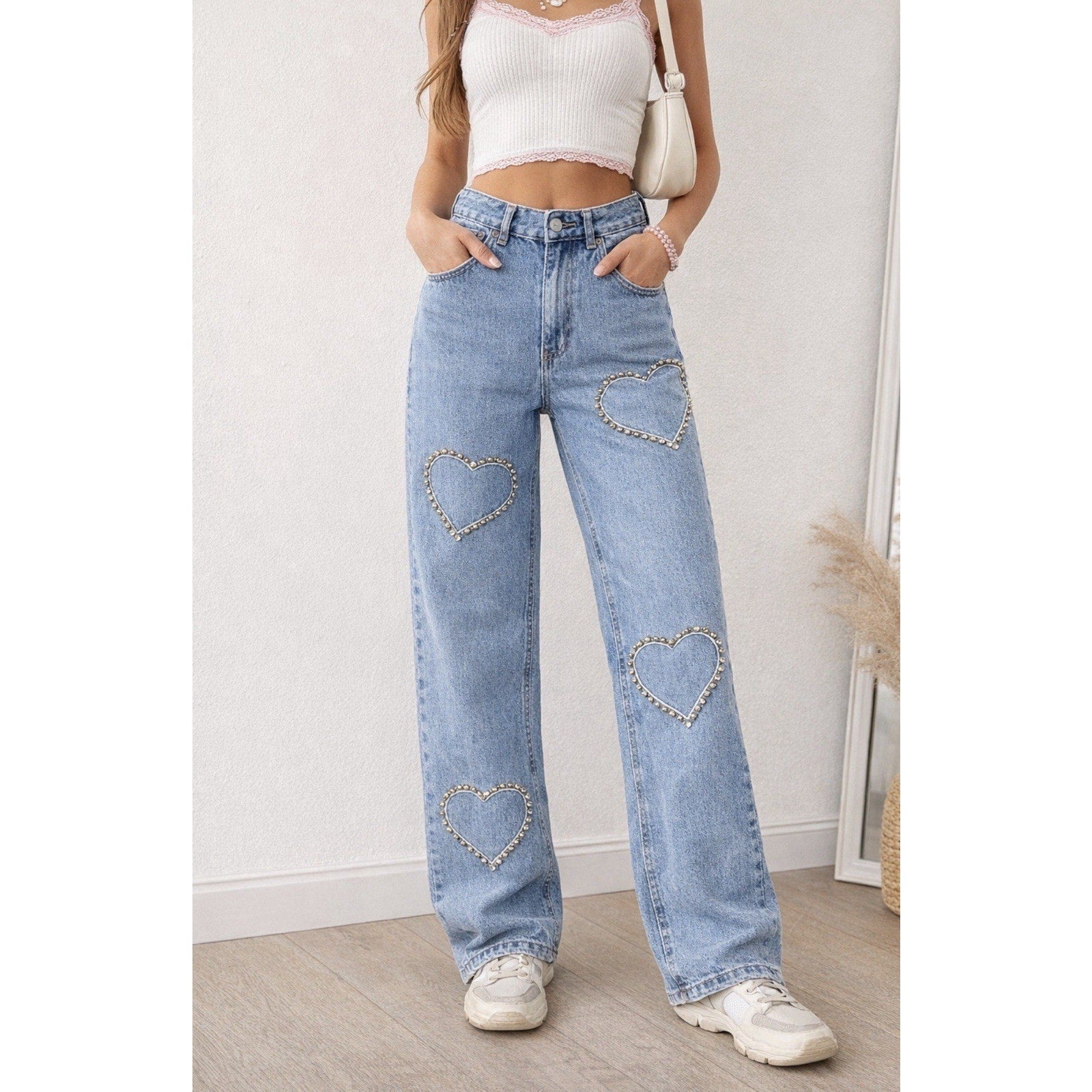CIDER Jeans XS Blue Wide Leg Rhinestone Heart Studded Denim Y2K Trend NWT