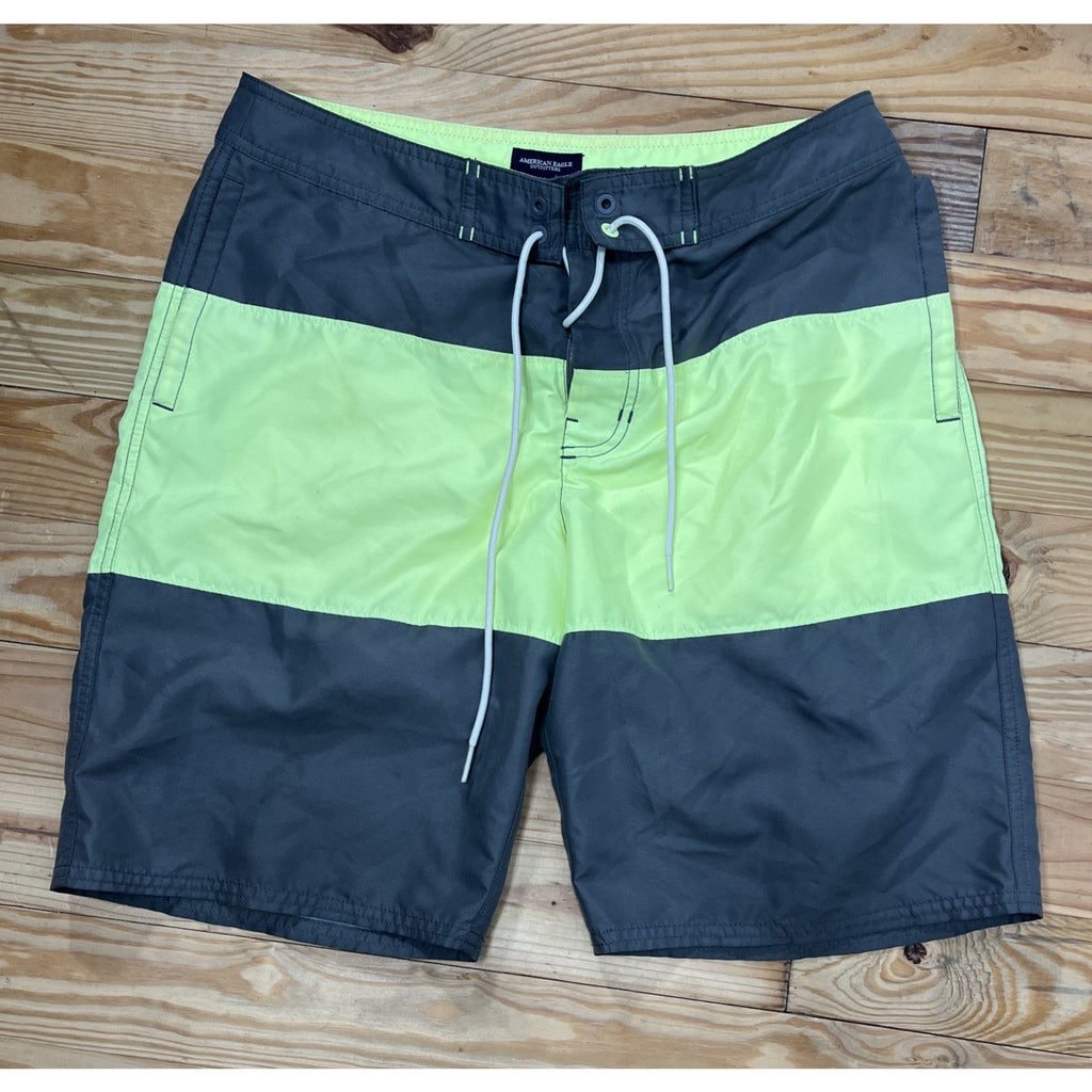 Men's American Eagle Unlined Gray & Green Striped Swim Trunks w/ Pockets Sz M