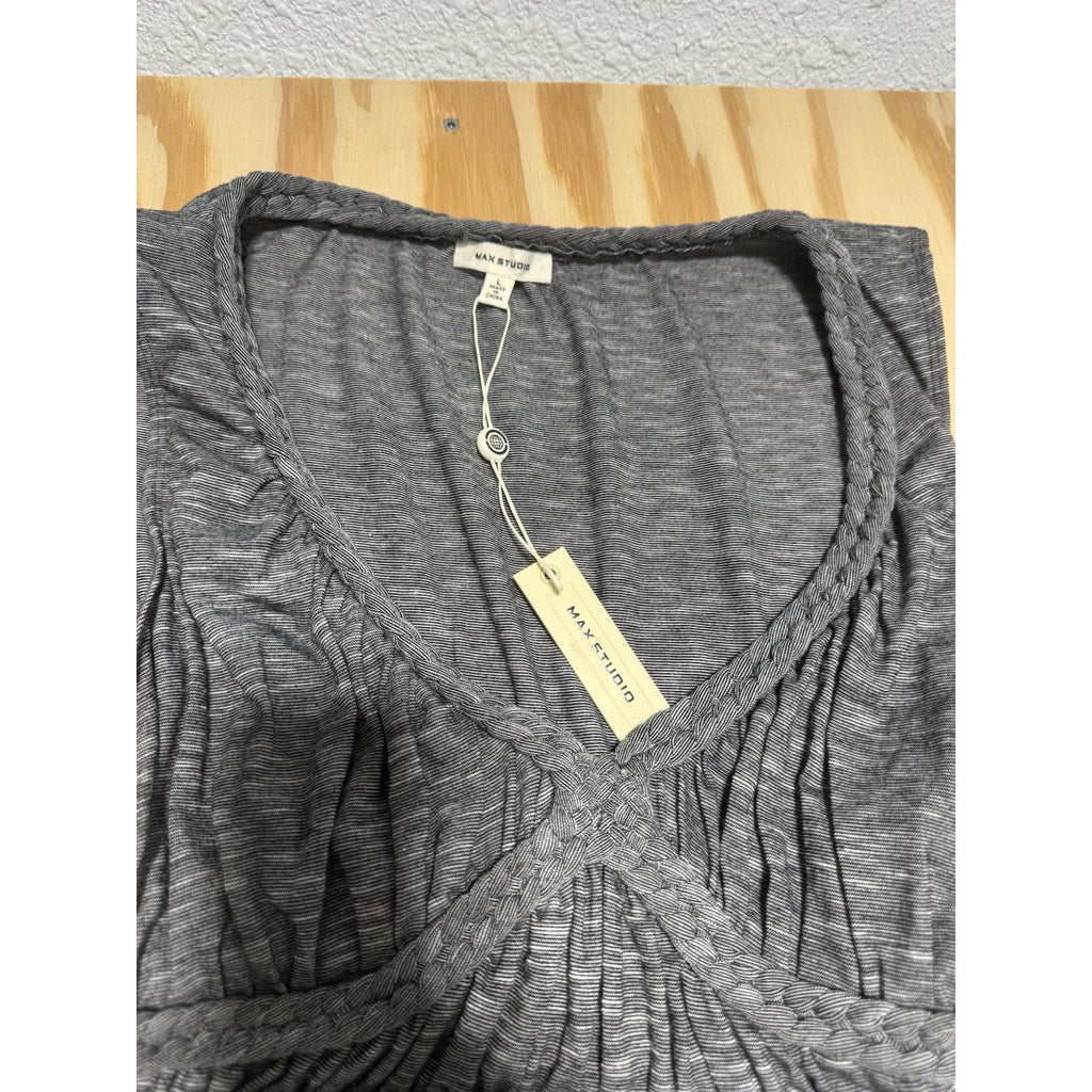 Max Studio Maxi Dress L Gray Striped Sleeveless Empire Waist Boho Stretch Knit