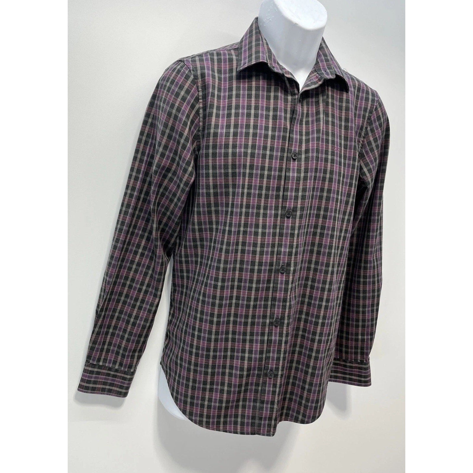 Calvin Klein Shirt Mens Small Black Purple Plaid Long Sleeve Button Up