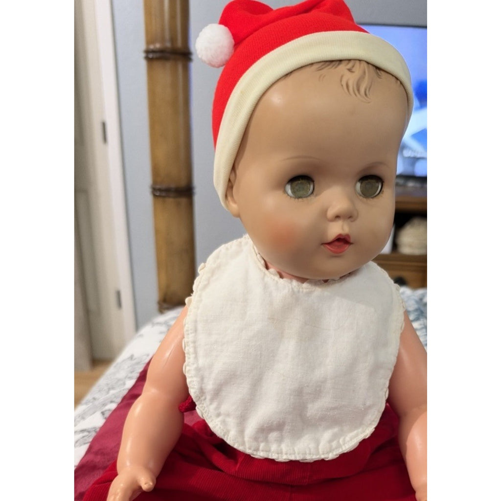 Vintage Baby Doll 24” Molded Brown Hair Sleep Eyes 25-11 Red Outfit Santa Hat