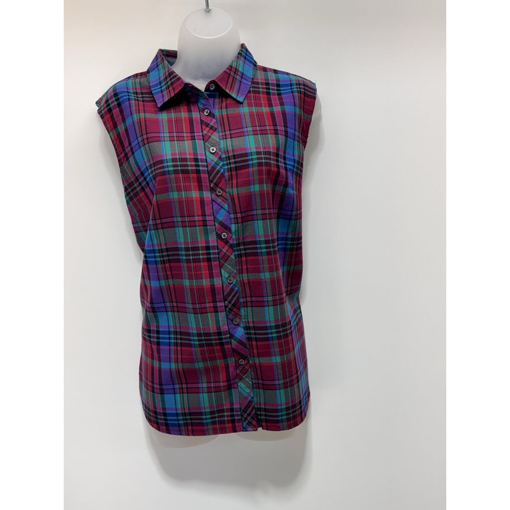 Talbots Vtg Shirt Red Blue Plaid Button Up Sleeveless Women’s Size 1X No Tag