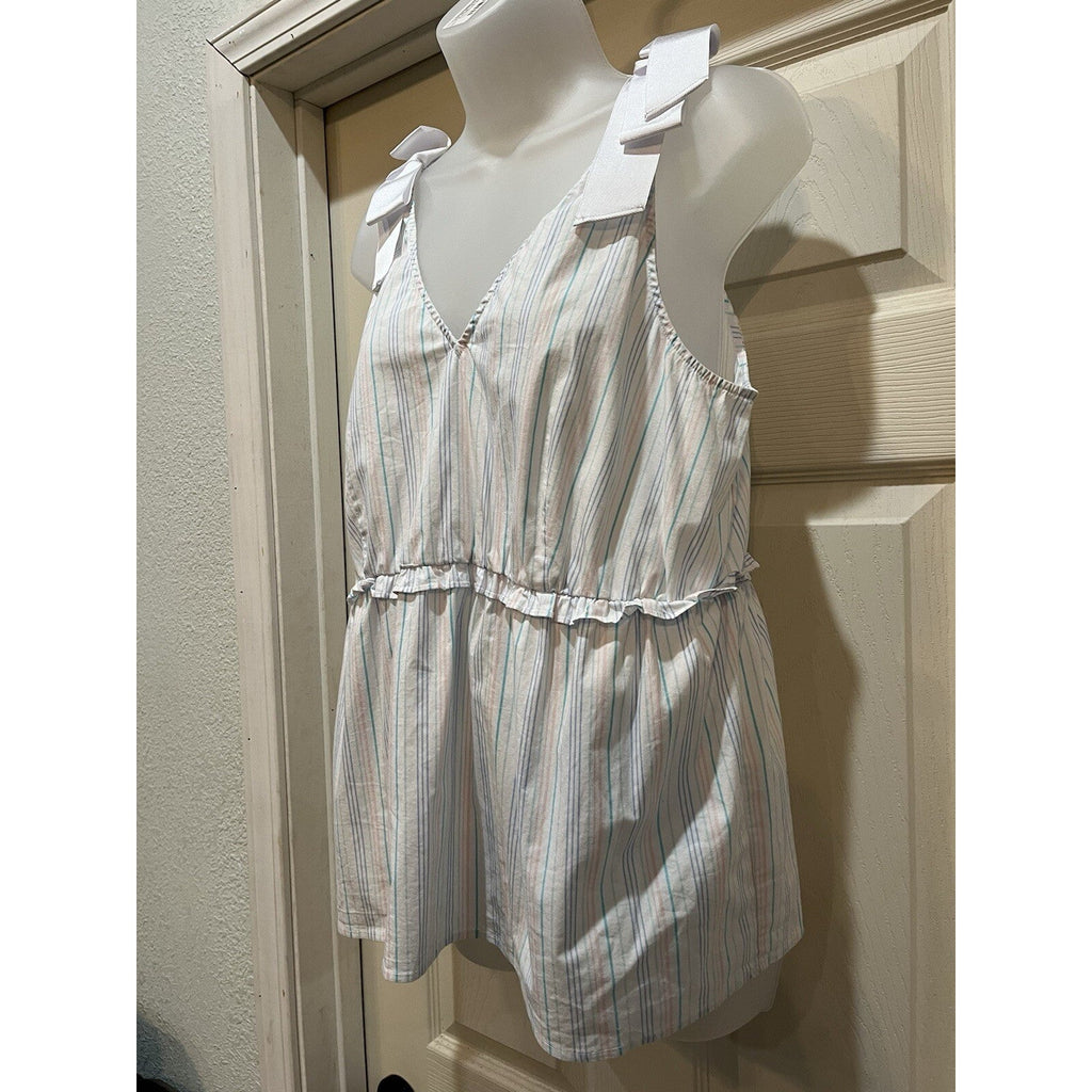 Belle & Sky White Sleeveless Striped Bow Shoulder Top Blouse Women's Size Large