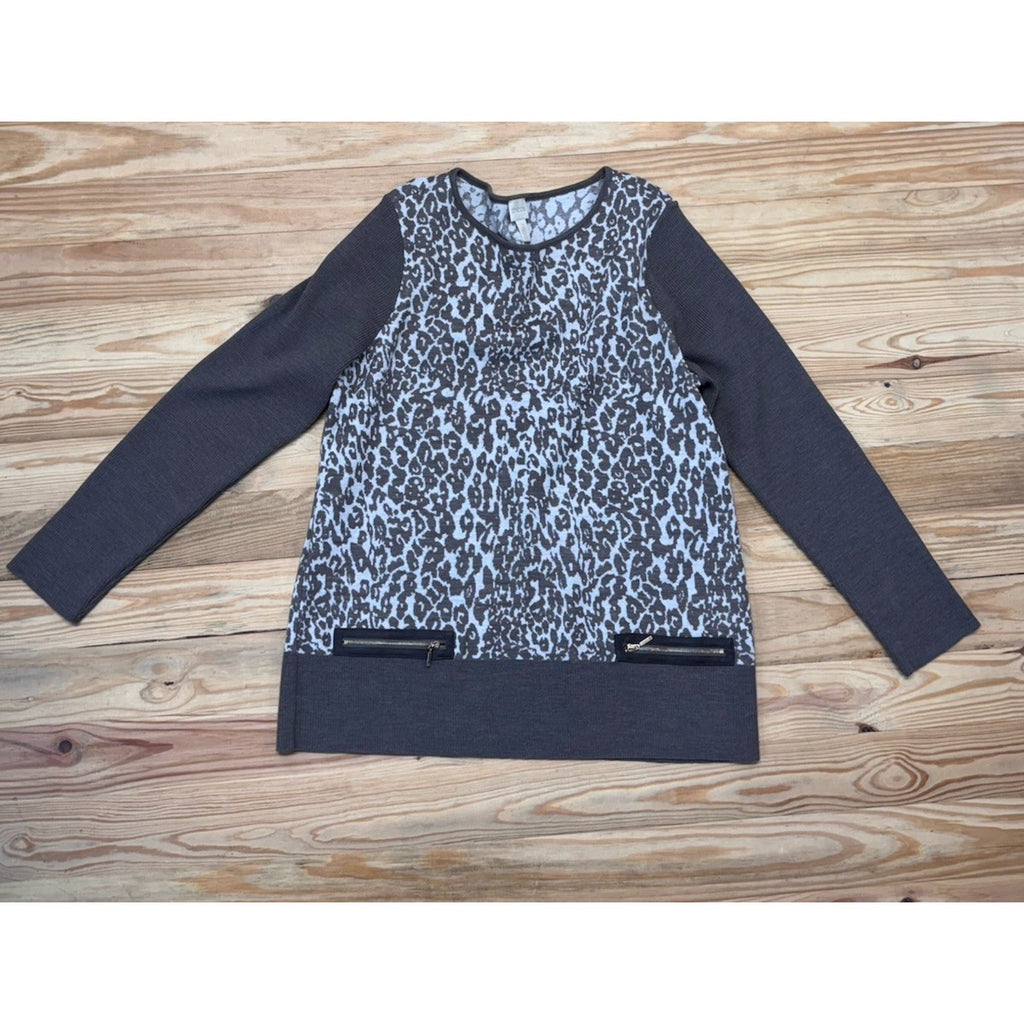 Chico's Womens Taupe Leopard Zip Pocket Long Sleeve Sweater Size 2/Large Comfort
