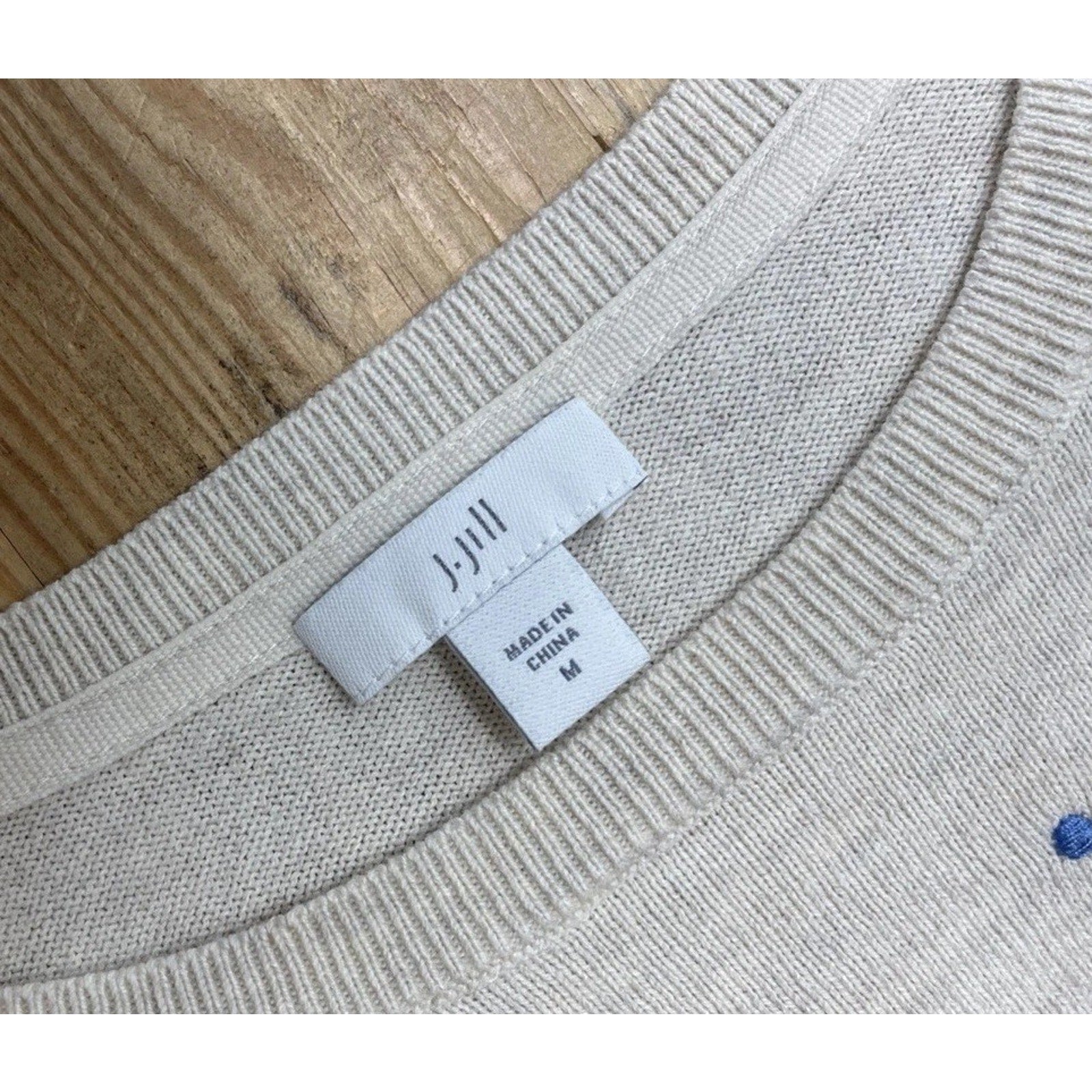 J.Jill Women's M Ivory Blue Embroidered Polka Dot Pullover Sweater 3/4 Sleeves