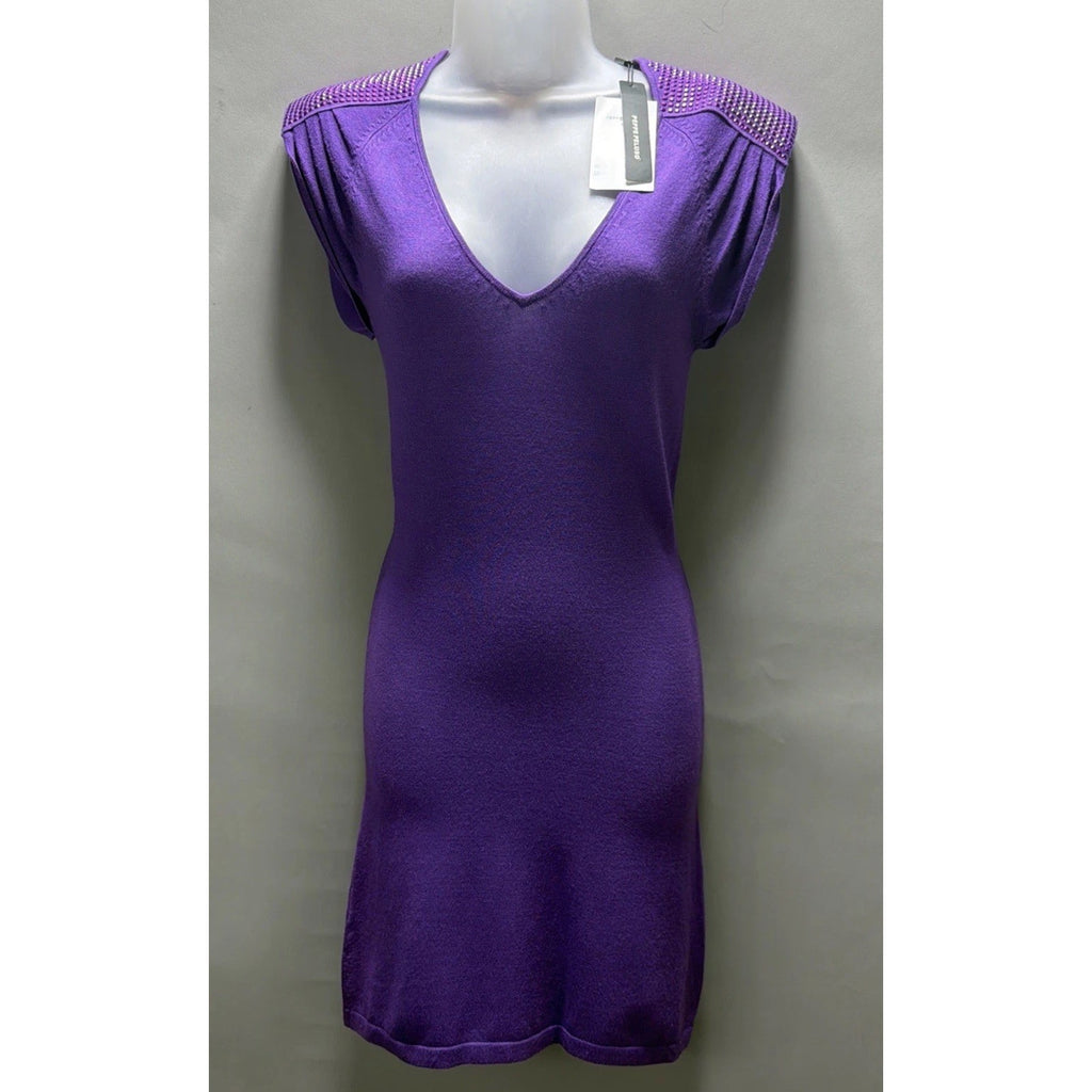 Peppe Peluso Womens S Knit Bodycon Sheath Dress Purple Embellished Shoulder NWT