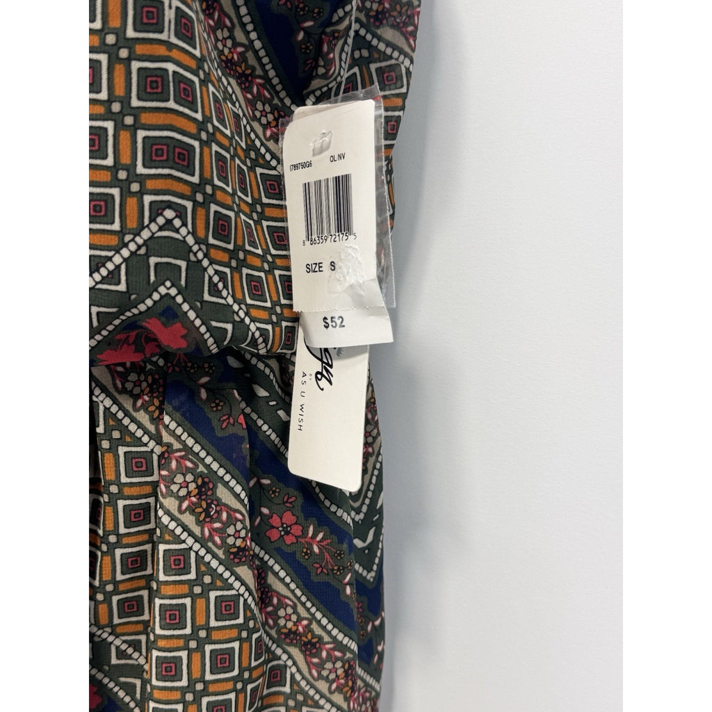 Love Reign Geometric Print Halter Spaghetti Strap Dress Green Red Women’s Size S