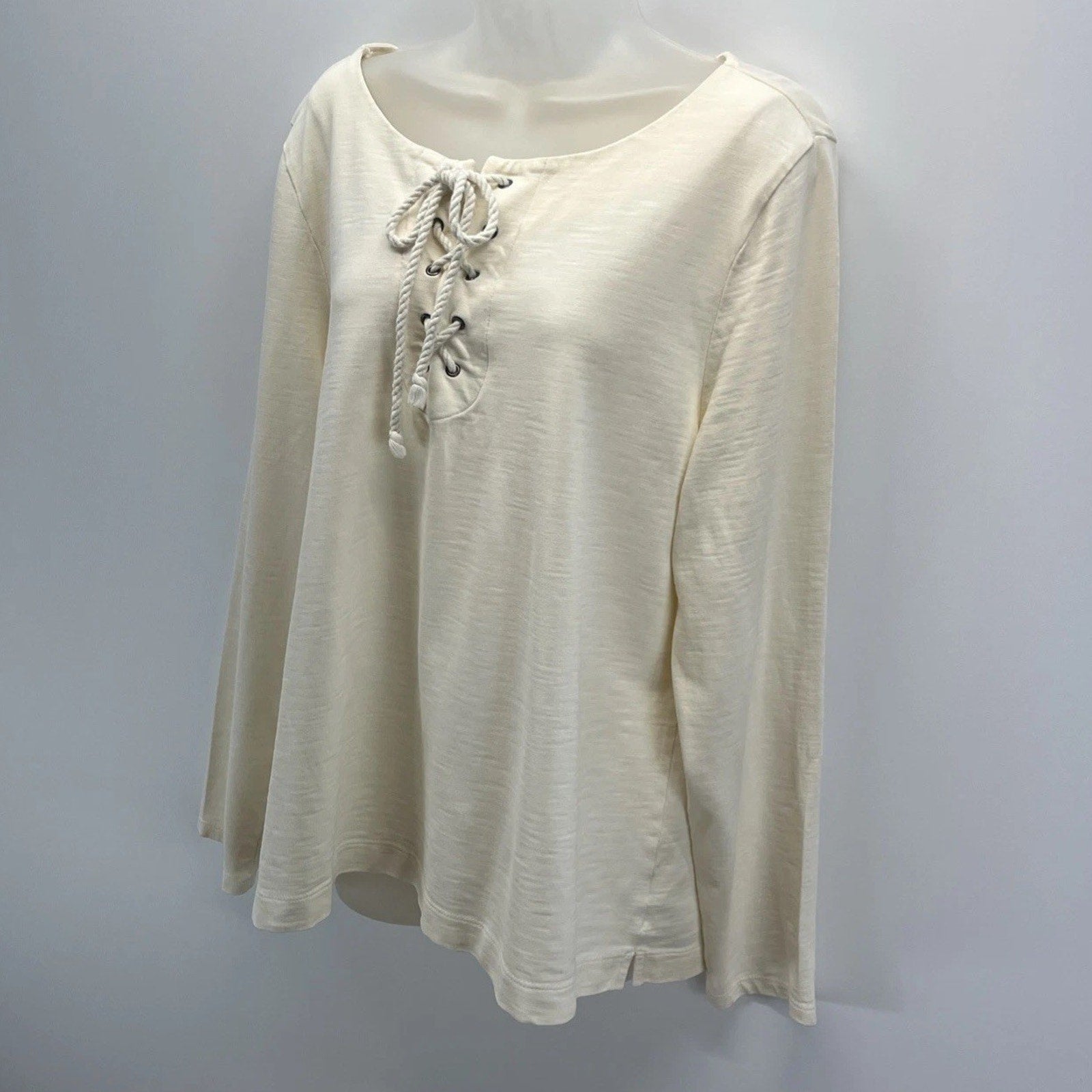 Talbots Cream Drop Shoulder nautical lace up neckline long sleeve cotton top XL