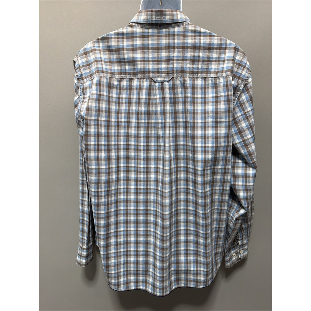 Tommy Bahama Shirt Mens XL Blue Brown Plaid Island Fit Button Up Logo