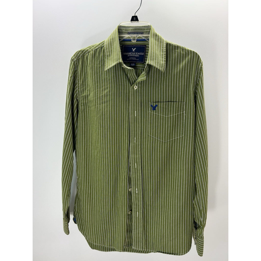 American Eagle Shirt Men's Long Sleeve Striped Casual Button Up Oxford Green M.