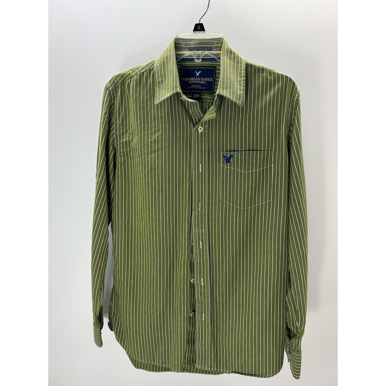 American Eagle Shirt Men's Long Sleeve Striped Casual Button Up Oxford Green M.