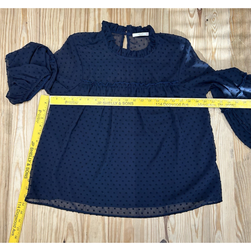 Le Lis Polka Dots Ruffled Neck Long Sleeve Blouse Size Large Blue . Made In USA