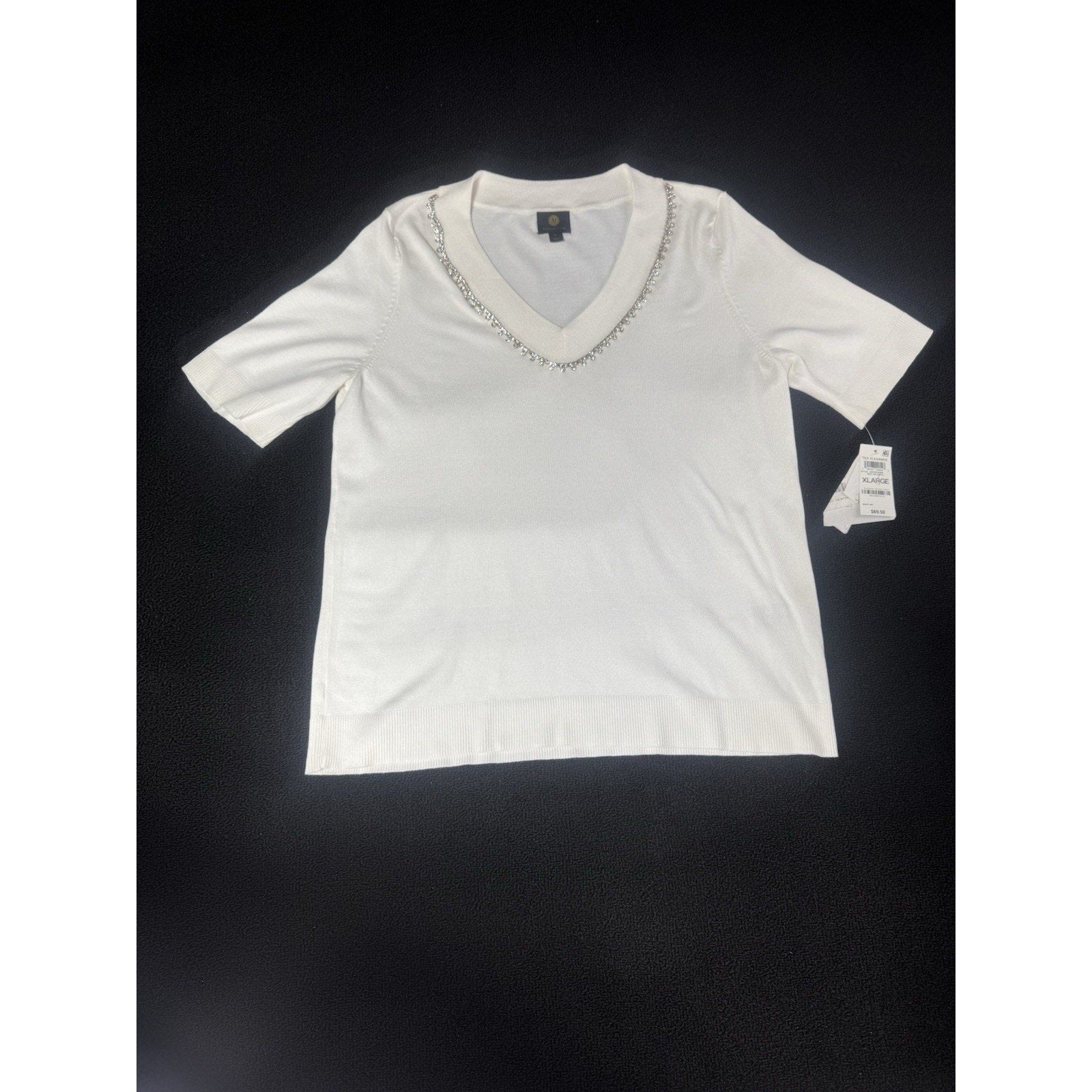 JM Collection XL Embellished V-Neck Sweater Top White Short Sleeve NWT