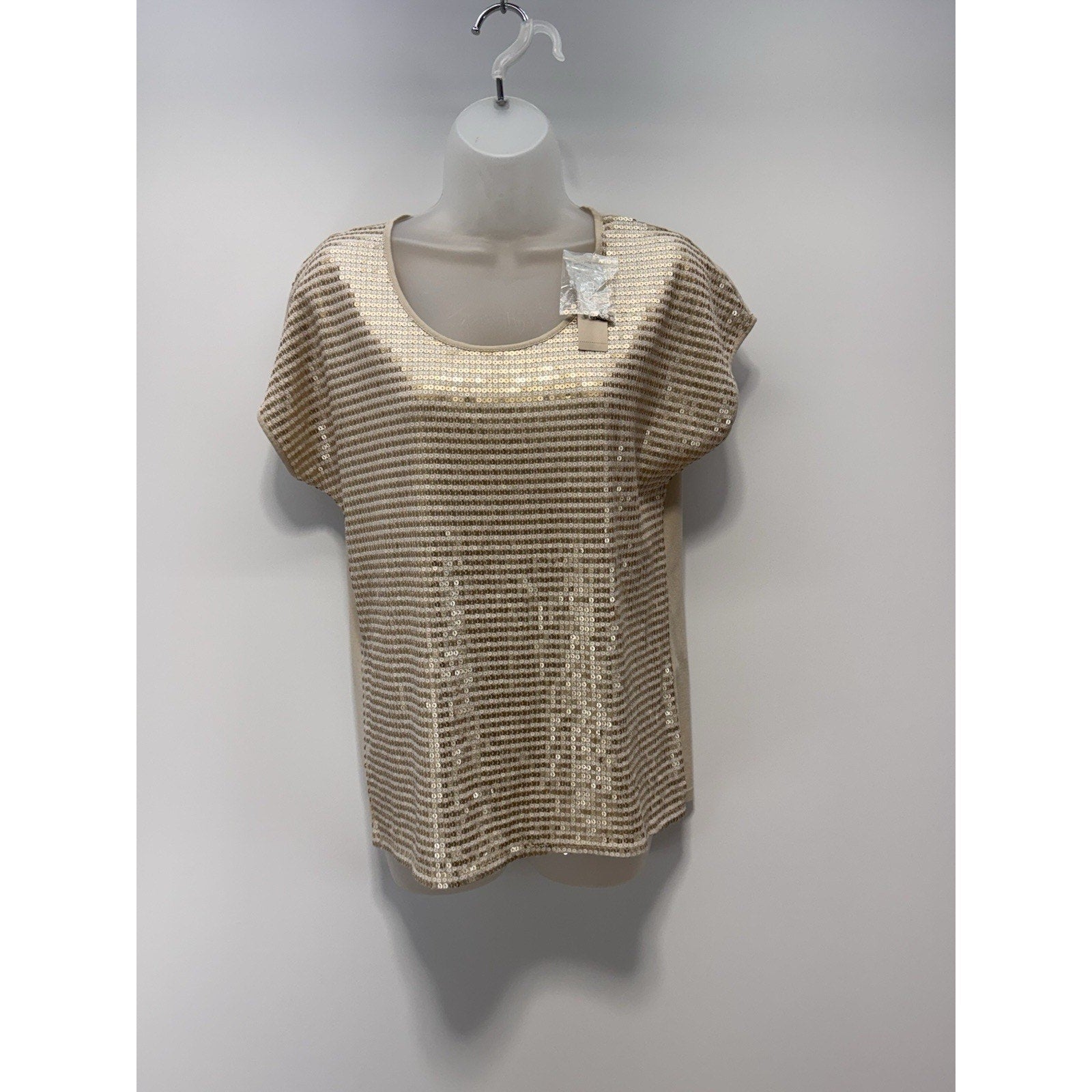 Chico's Top Beige Sequined Cap Sleeve Stretch Knit Top Pullover Women’s 1/M