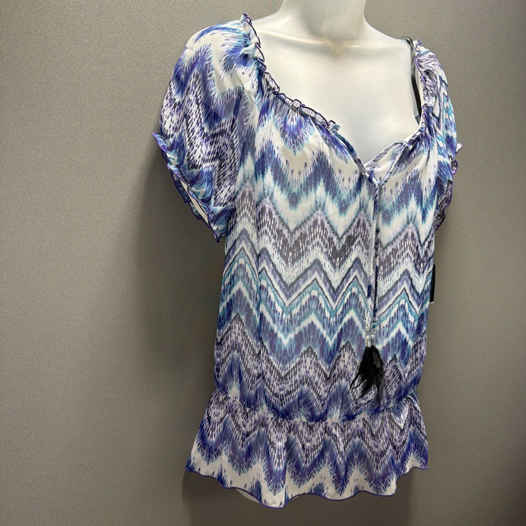 B-Wear Women's Abstract Multicolor Aztec Lined Drape Top Blouse L NWT