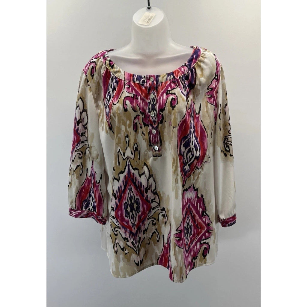 Chico’s Blouse Women's Size 2 Large Pink Cream Paisley Long Sleeve Top