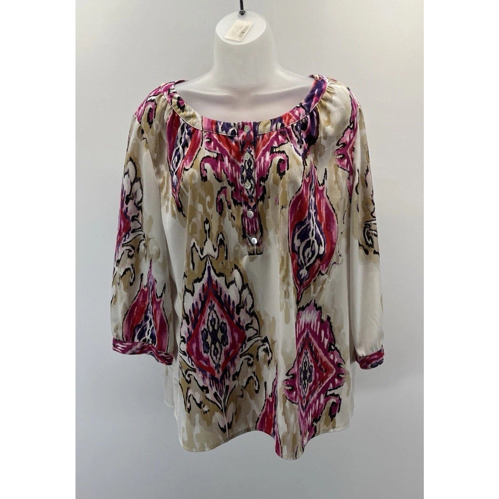Chico’s Blouse Women's Size 2 Large Pink Cream Paisley Long Sleeve Top