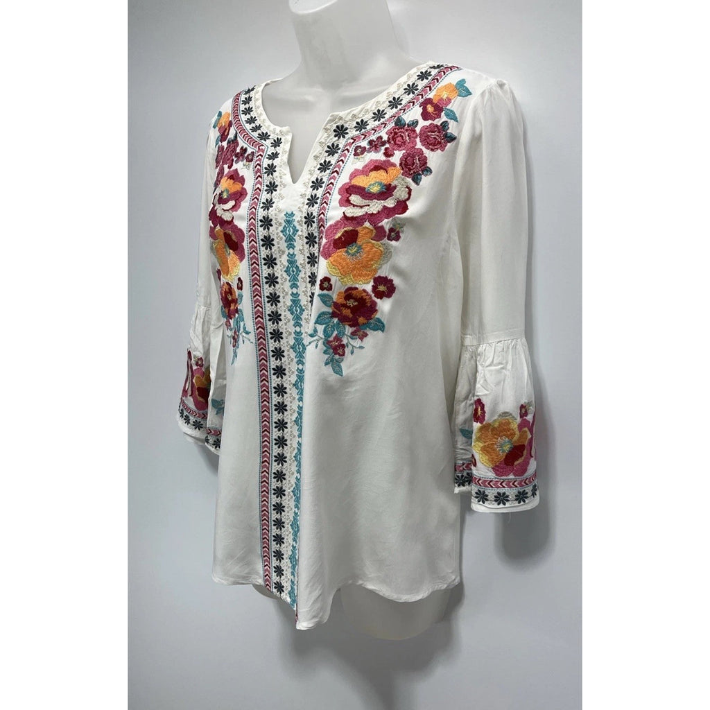 Andrée By Unit Floral Embroidered Tunic Top White Size Small