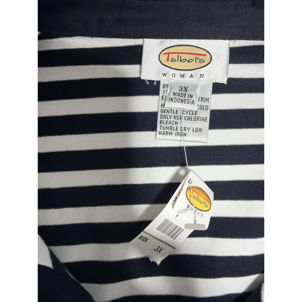 New Talbots White/Navy Blue Striped Johnny Collar Long Sleeve Top Plus Size 3X