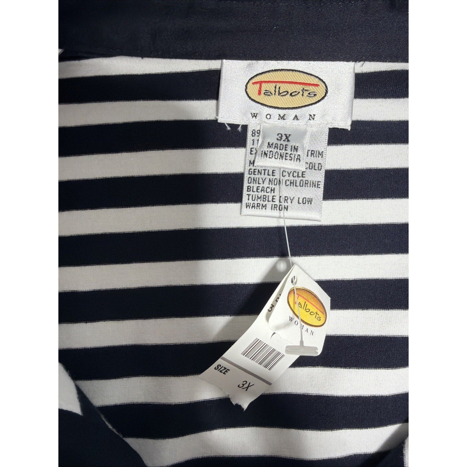 New Talbots White/Navy Blue Striped Johnny Collar Long Sleeve Top Plus Size 3X