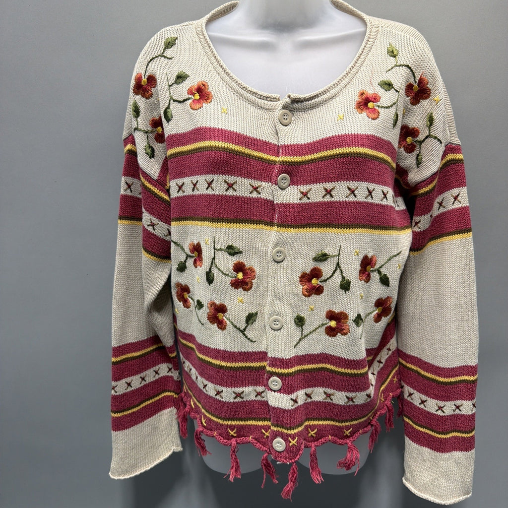 Vintage 1990s Liz Claiborne Knit Cardigan Floral Embroidery Geometric fringe S