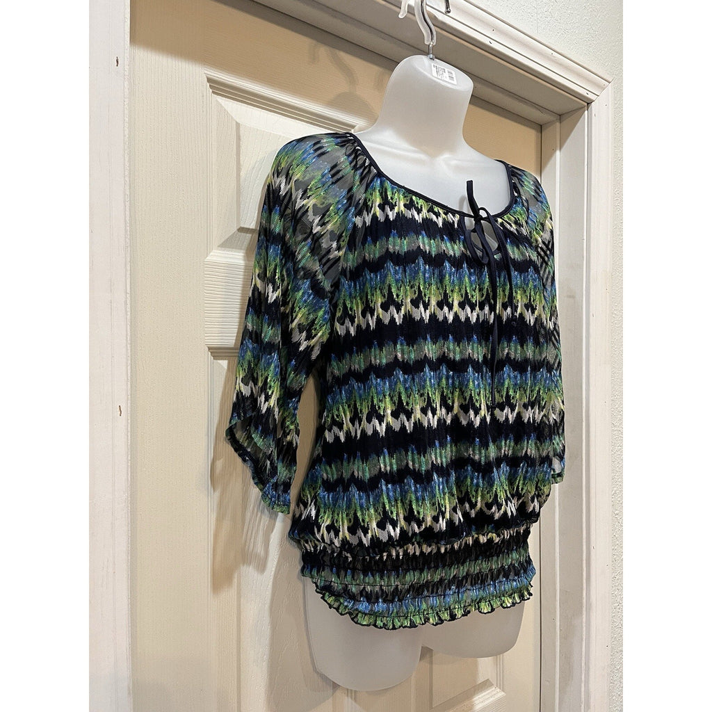 New Directions Zig Zag Print Top Small Women's Blouse Tunic Blue Green Beige 3/4