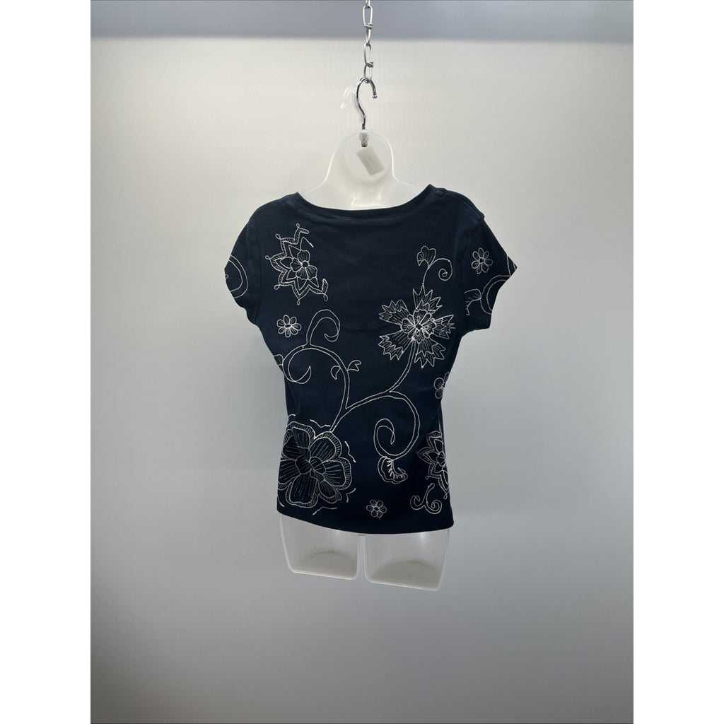 Chico’s Size 1 Large Navy Cotton Embroidered Flowers Cotton Short Sleeve T-Shirt