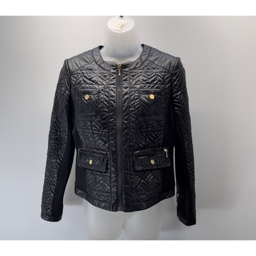 Chico’s Women’s Size 0/S Chevron Quilted Jacket Stretch Side Gold Buttons