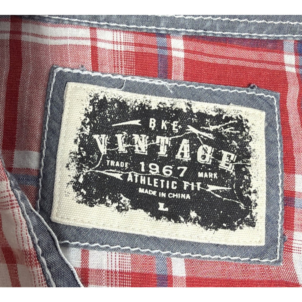 BKE Mens Red Plaid Pearl Snap Shirt Athletic Fit Size L Western Cowboy