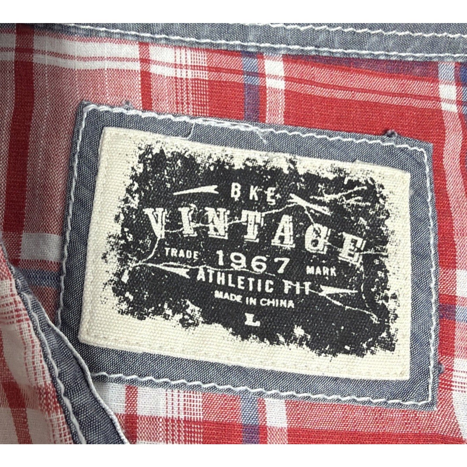 BKE Mens Red Plaid Pearl Snap Shirt Athletic Fit Size L Western Cowboy