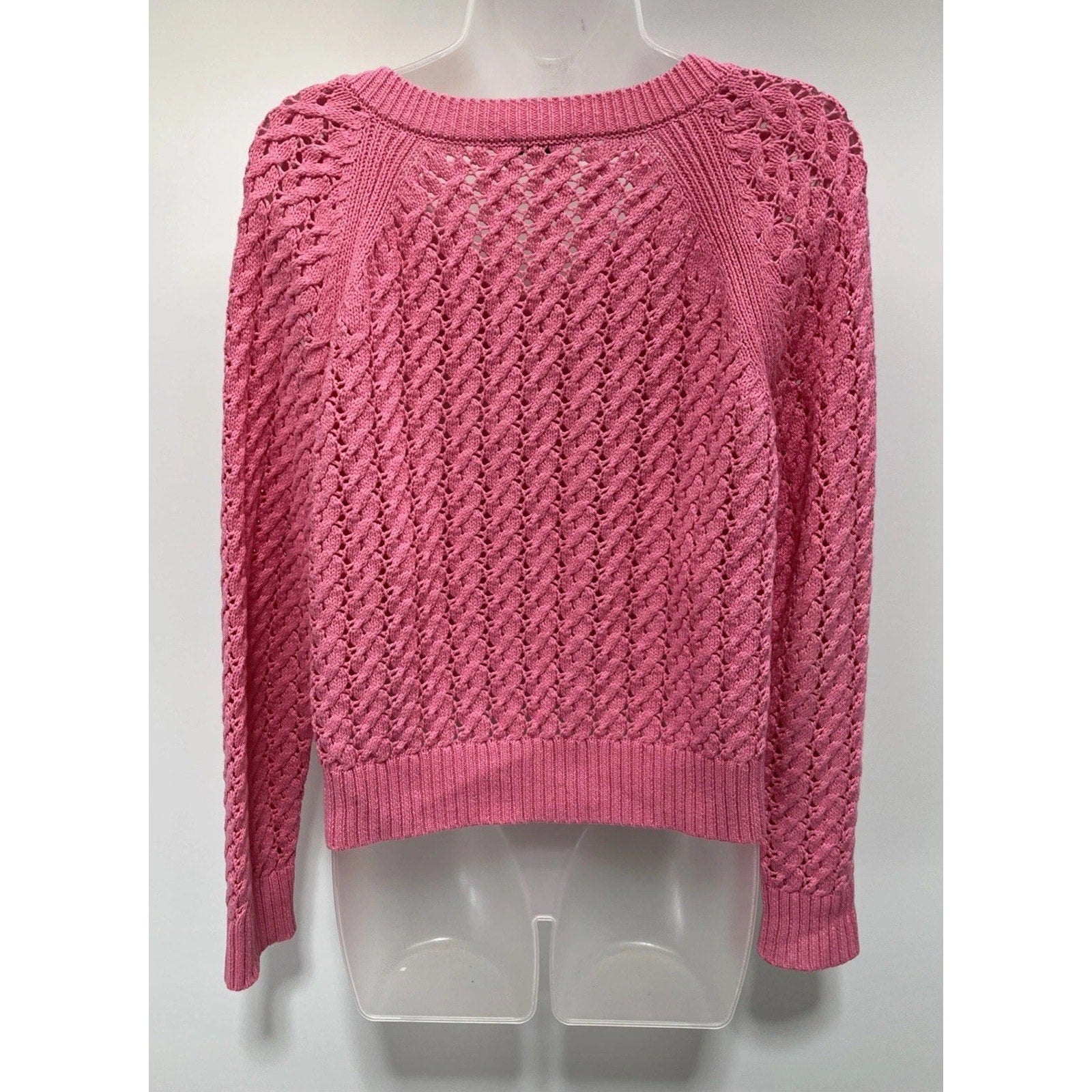 Talbots Sweater Womens M Petite 100% Cotton Open Knit Pullover Pink V Neck