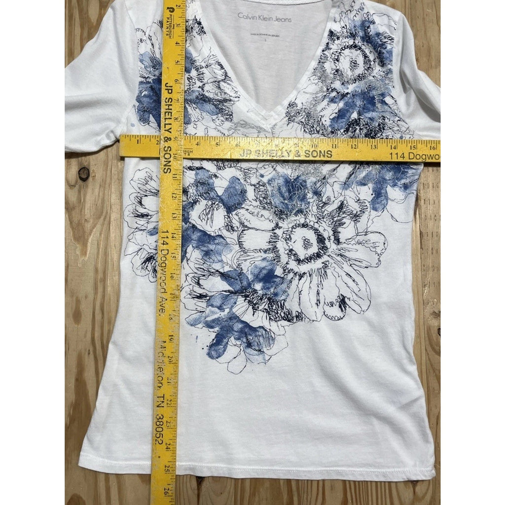 Calvin Klein Women’s White Blue Floral Long Sleeve Pullover Shirt Top V Neck S